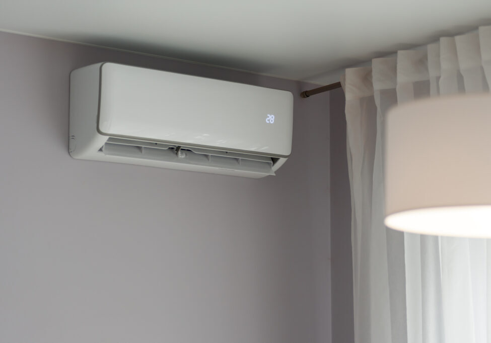 Split system of air conditioner or heat pump operating in home interior