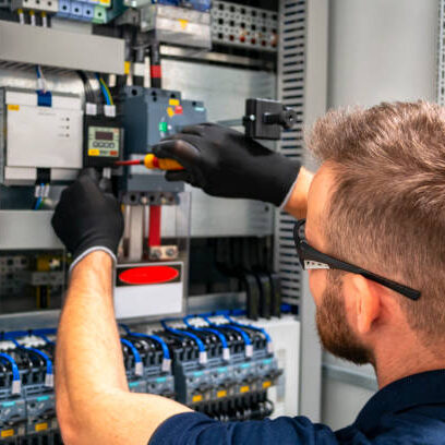 Photo of an electrician working at distribuition board.
